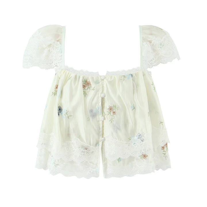 Embroidered lace up top+Embroidered skirt set