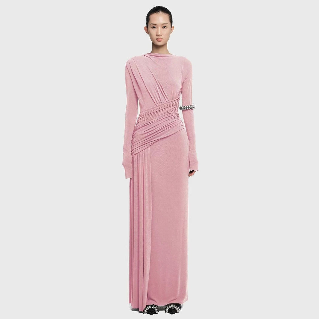Elegant Knit Long Sleeve Ribbon Dress with Asymmetrical Neckline, Elastic Pleated Floor-Length Skirt