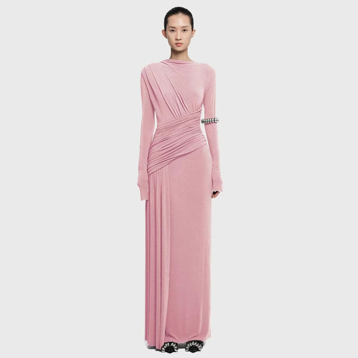 Elegant Knit Long Sleeve Ribbon Dress with Asymmetrical Neckline, Elastic Pleated Floor-Length Skirt