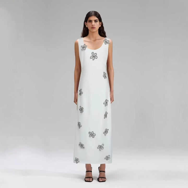 Summer U-neck sleeveless diamond studded three-dimensional flower slim fit black dress with buttocks wrapped