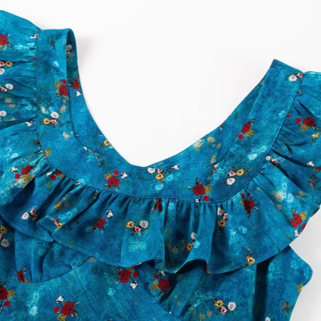 Ruffled Hem Blue Base Floral Print Waist-Cinched Dress