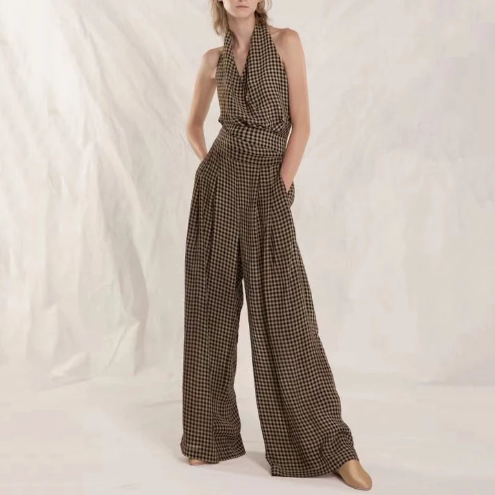 Commuter Loose y2k Elastic High Waist Tie Wide Leg Casual Pants Vintage Plaid Loose Hundred Women&