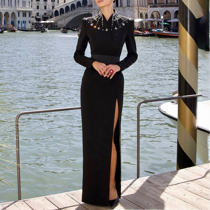 Elegant Lady-Style Long Dress with Rhinestone Detailing, Sexy Fitted Waist-Accenting Maxi Dress