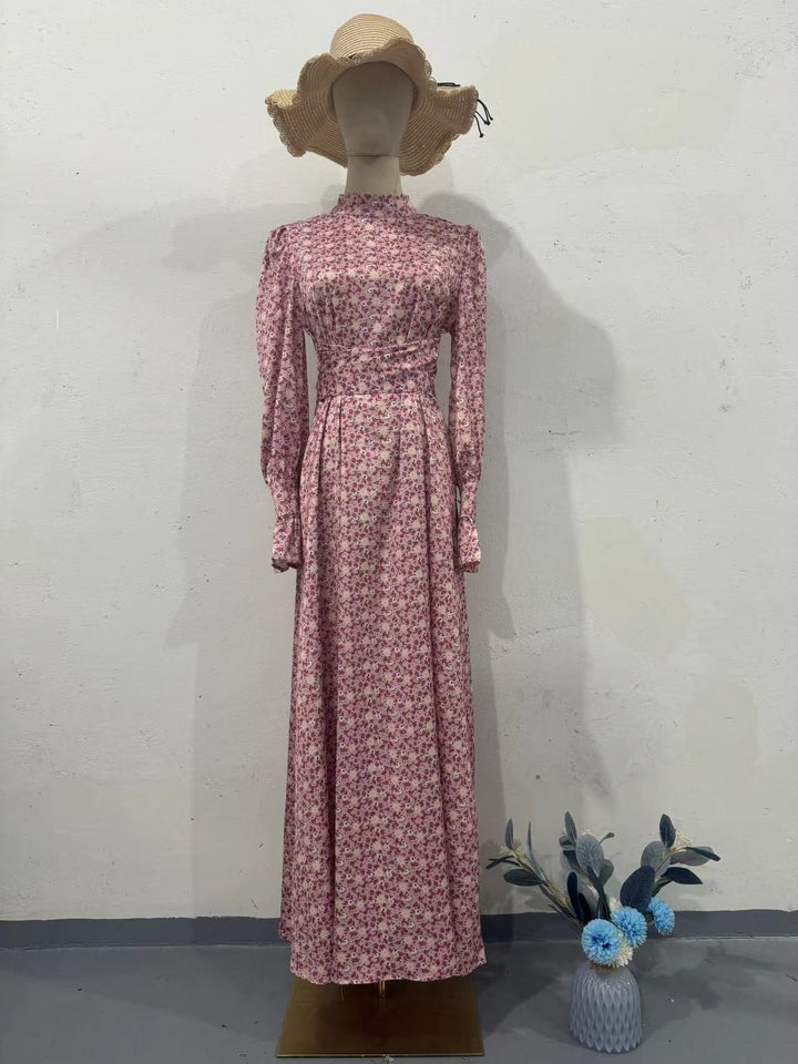Floral Satin Summer Design Gentle Style Loose Tie Waist Dress with Floral Pattern Long Dress