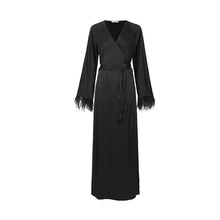 Summer New Design Sense Of Streamer Ostrich Hair Sexy Black Bandage Waist Slim Dress Nightdress
