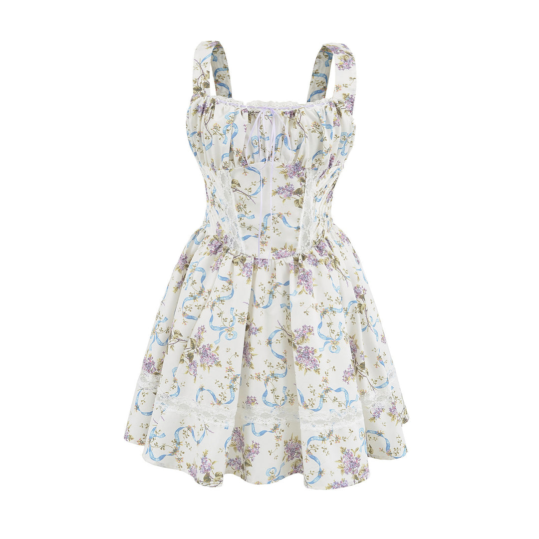 Lace mesh printed suspender dress