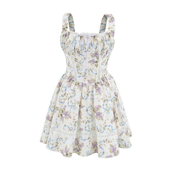 Lace mesh printed suspender dress