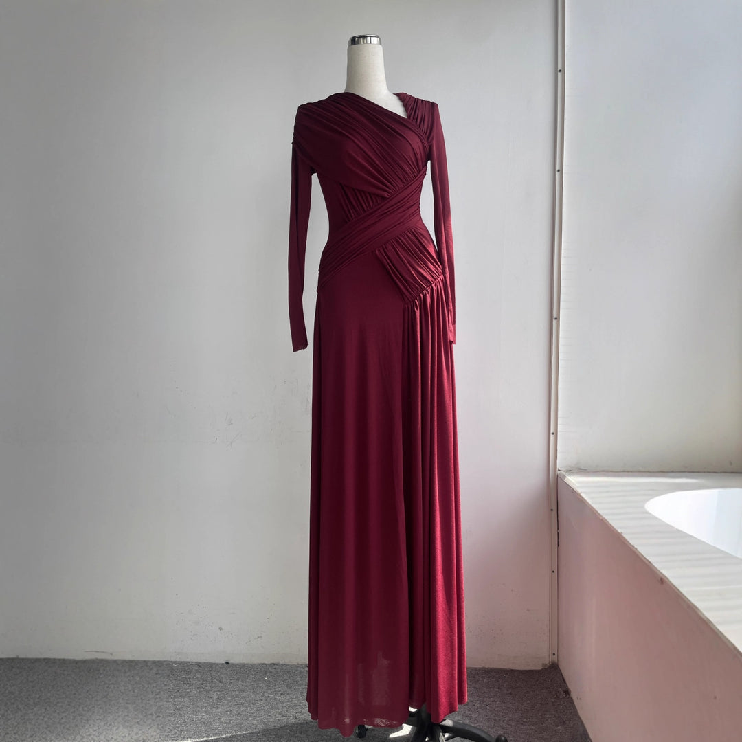 Pleated Long Sleeve Maxi Dress with Unique Design, Floor-Length Formal Gown