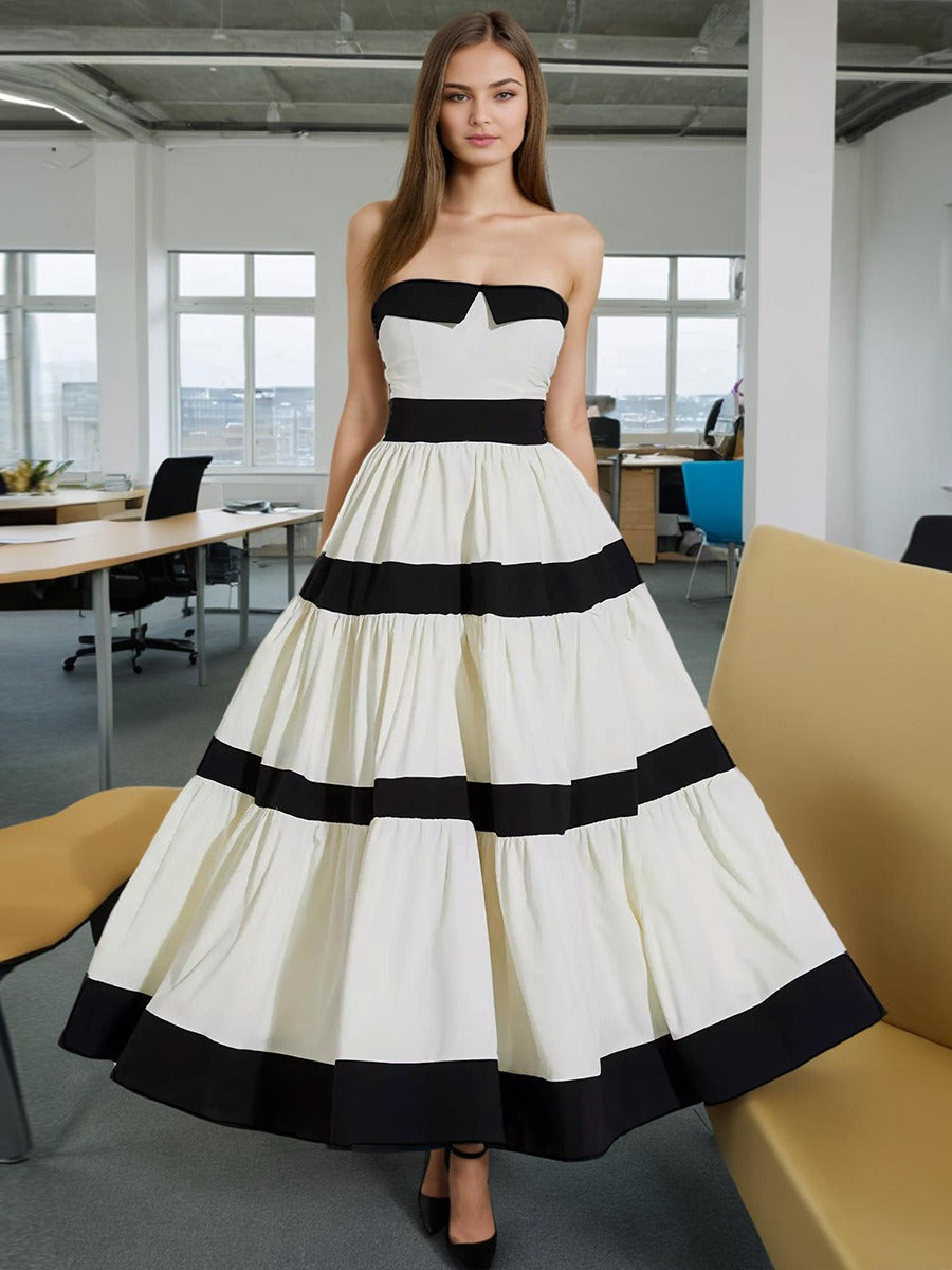 French elegant style large hem strapless skirt