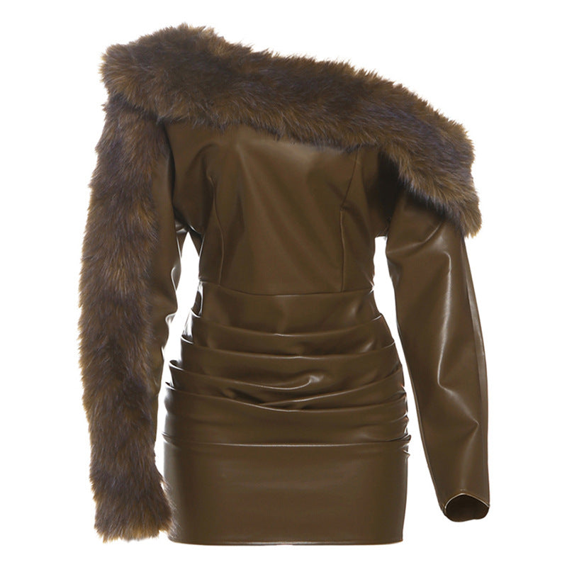Style Fashion Chic Street Trend Leather Fur Collar Patchwork Asymmetrical Neckline Dress