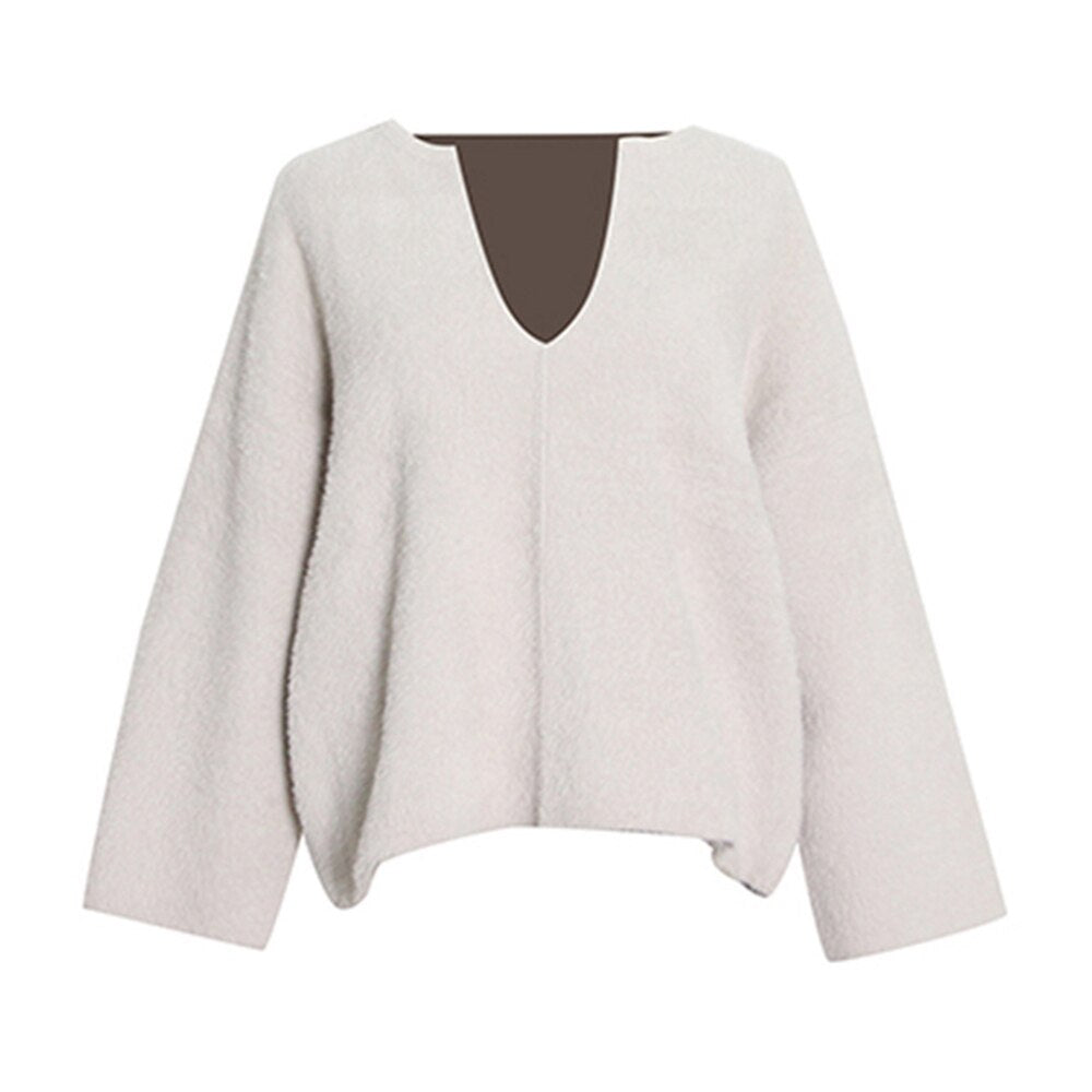 Solid Minimslist Pullover Sweater for Women V Neck Long Sleeve Straight Kintting Sweaters Female Clothing Fashion New