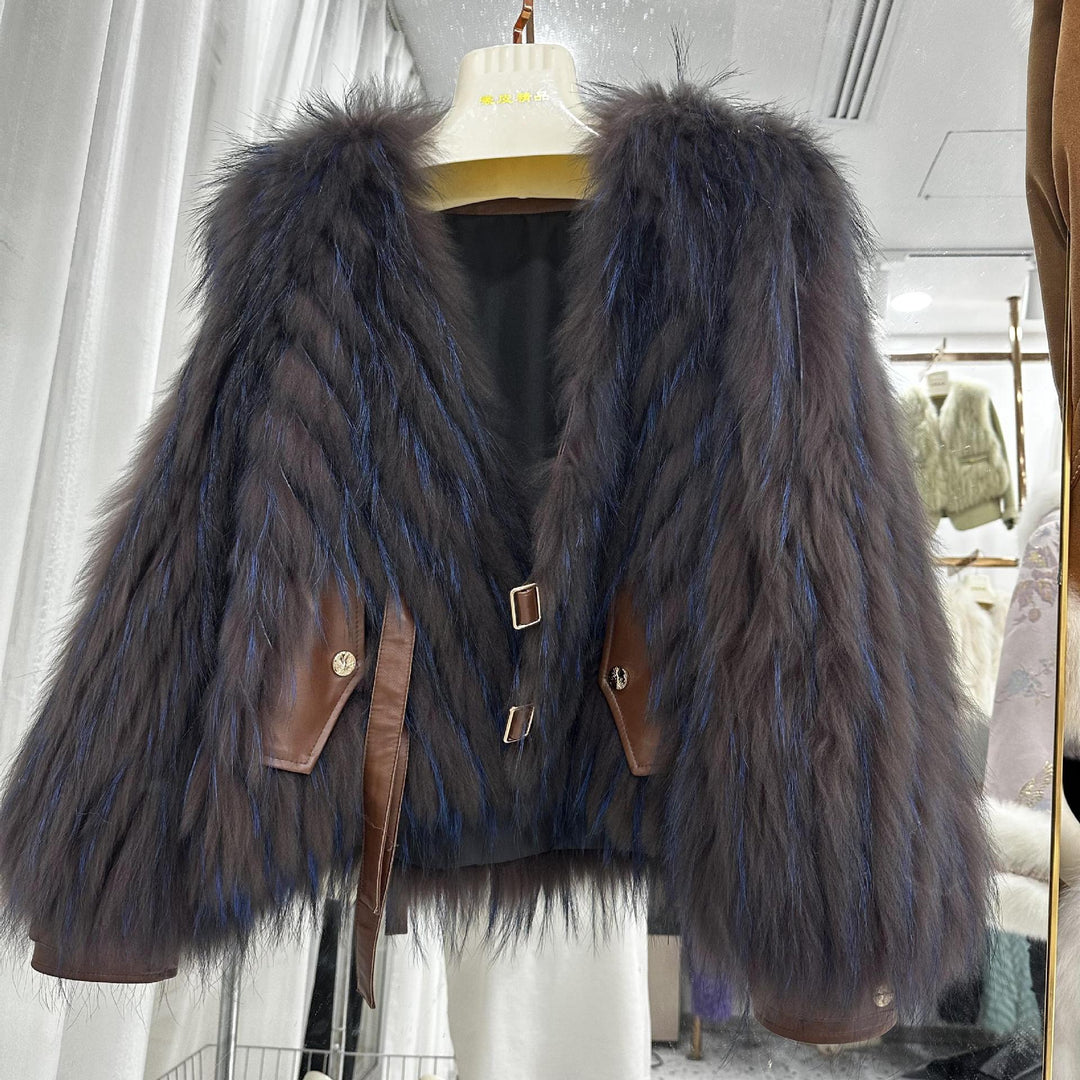 Raccoon fur grass coat, woven with car stripes, women&