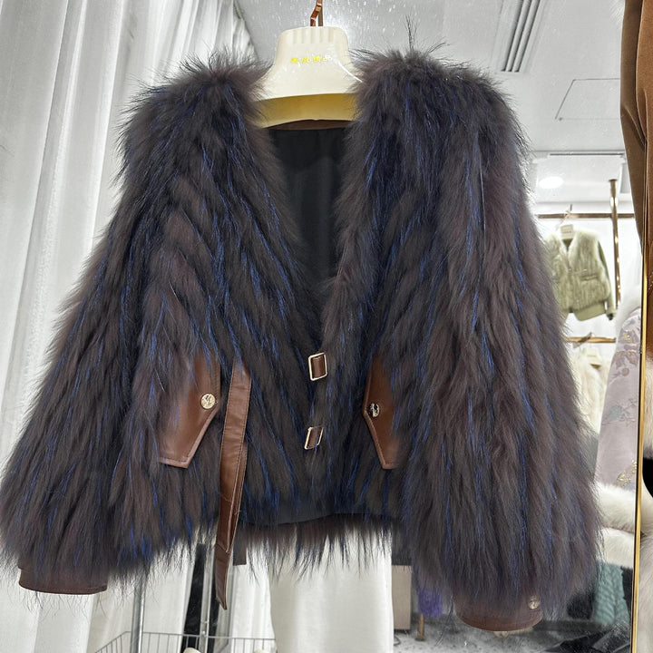 Raccoon fur grass coat, woven with car stripes, women&