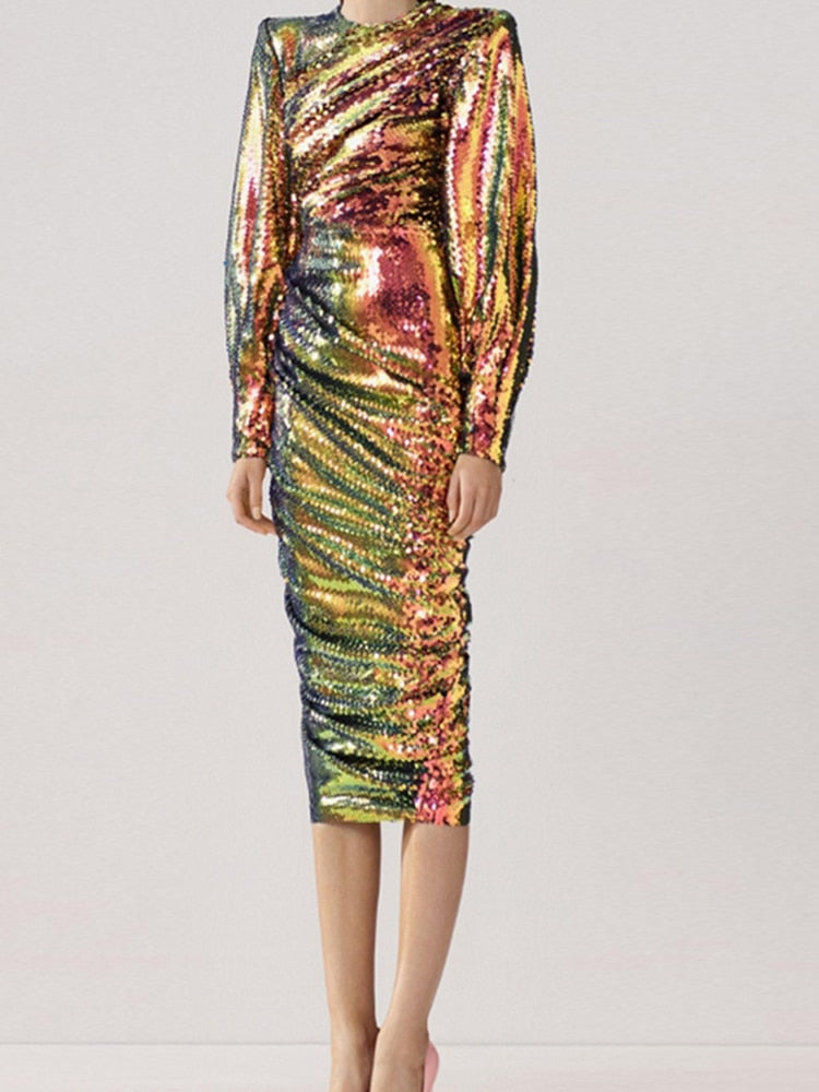 Women Elegant Midi Dress New Round Neck Long Sleeve A Line Evening Party Dresses Fashion Tide Autumn Summer 13DA2759