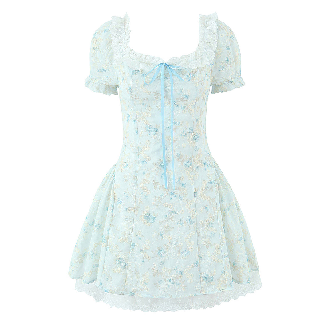 Lace hook flower embroidery printed waist cinching dress