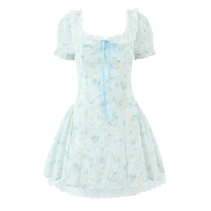 Lace hook flower embroidery printed waist cinching dress
