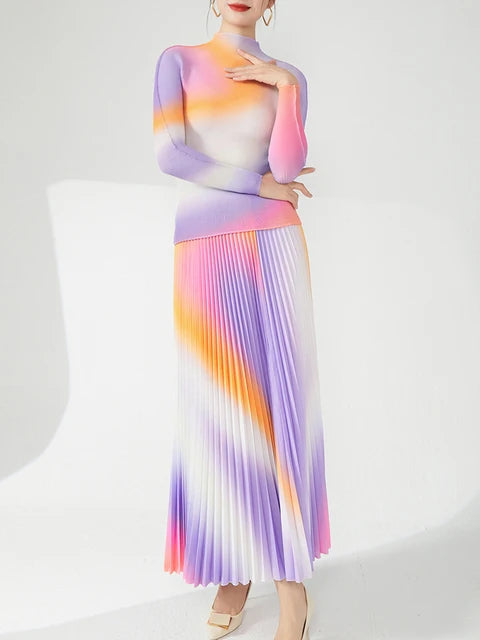 Pleated 2 Pieces Set For Women Half High Collar Full Sleeve Top + A Line Skirt Elegant New Spring