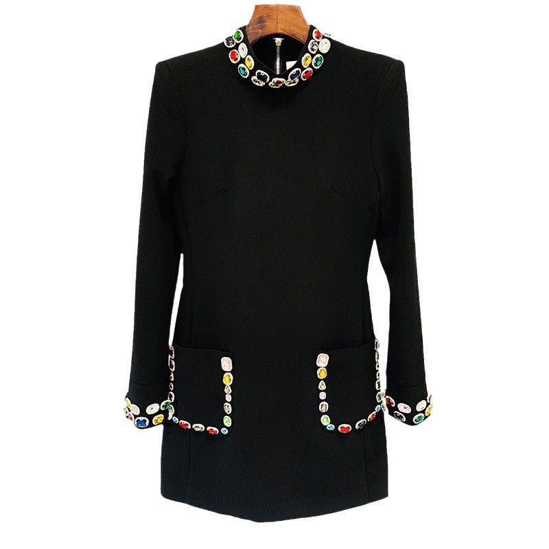 Fashion heavy industry nail bead inlaid diamond colored gemstone long sleeved dress