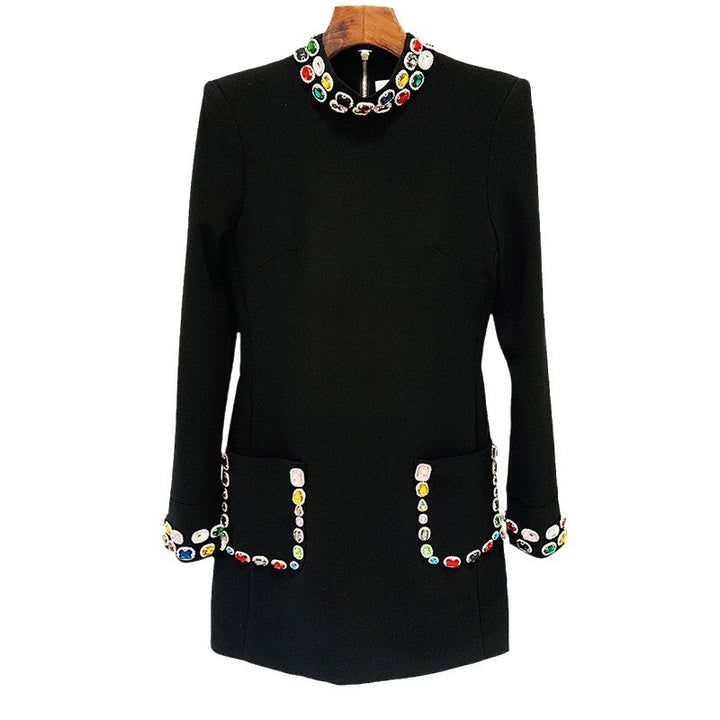 Fashion heavy industry nail bead inlaid diamond colored gemstone long sleeved dress