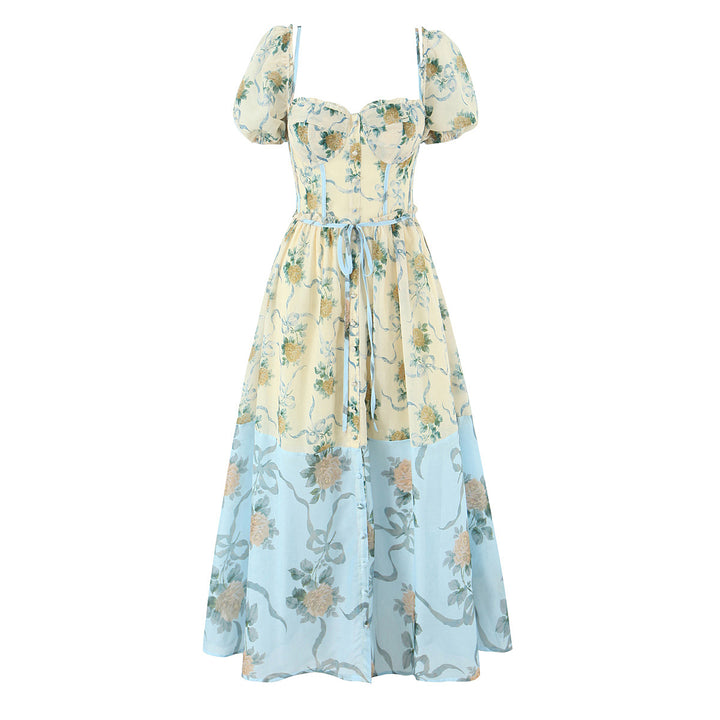 Bohemian style patchwork floral bubble sleeve mid length dress