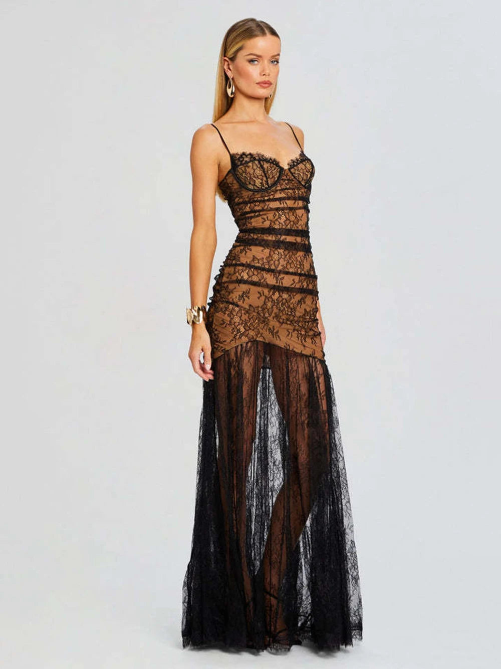 French high-end light-luxury and niche lace suspender mermaid dress waist-cinching design for women&