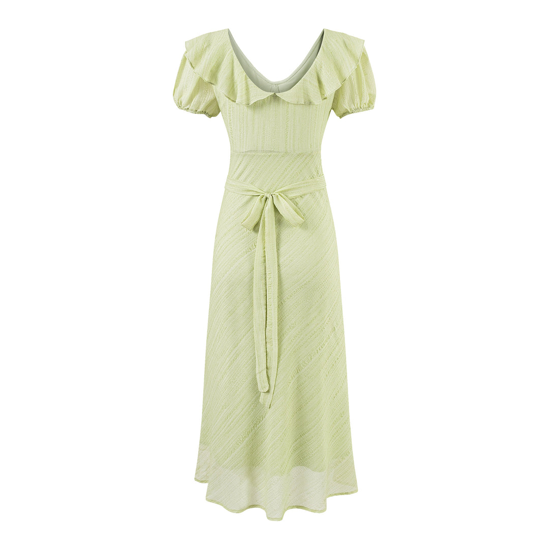 Slim Fit V-Neck Ruffle Front Tie Waist Short Sleeve Dress Long Skirt