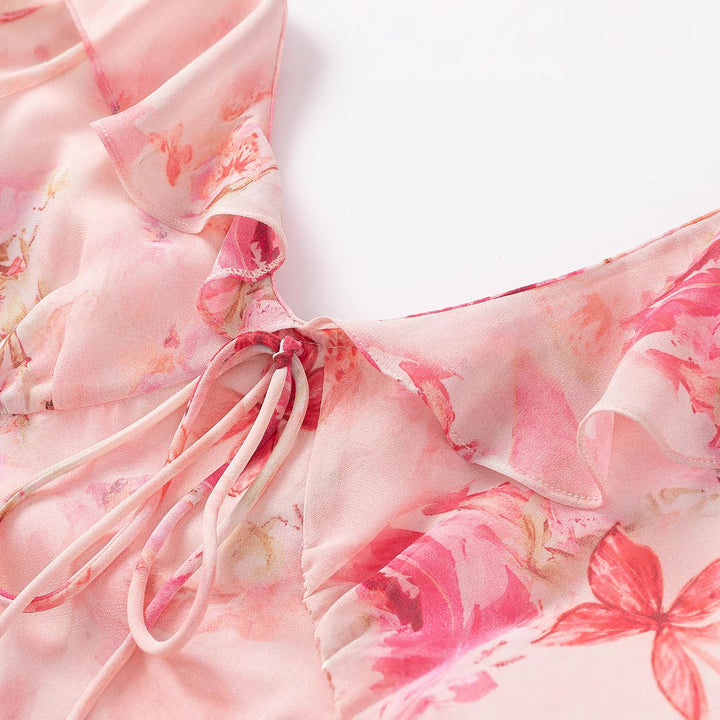 Sexy V-neck Front Tie Floral Backless Design Waist-cinching Long Dress