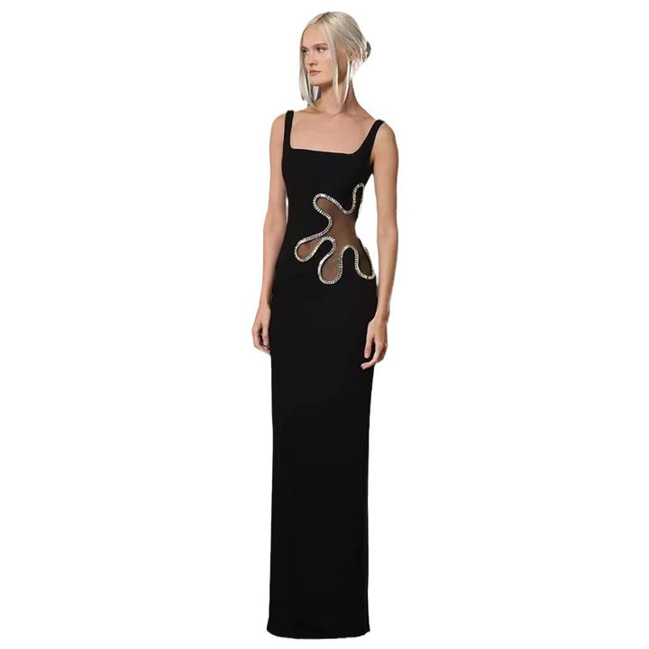 Black mesh diamond long sleeveless square neck high-end dress knitted bandage women&