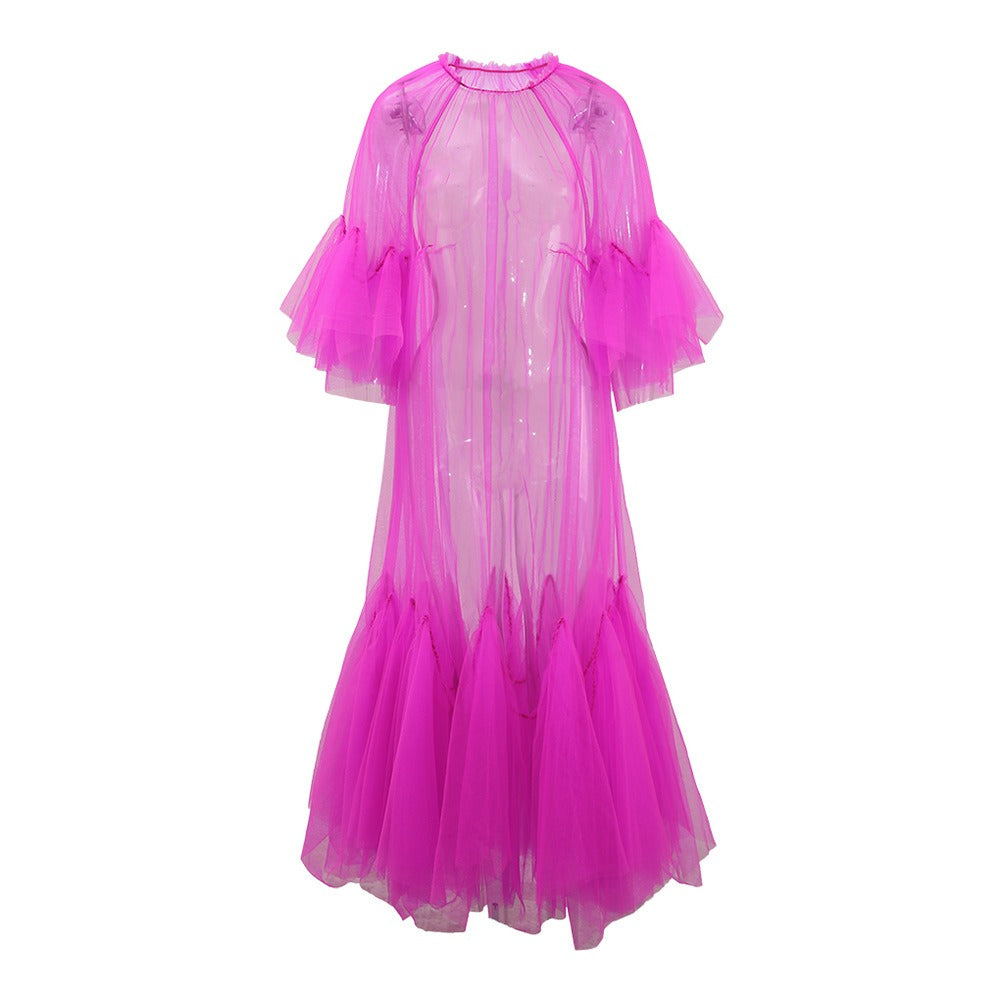 Lace collar loose petal short sleeved mesh dress, women&