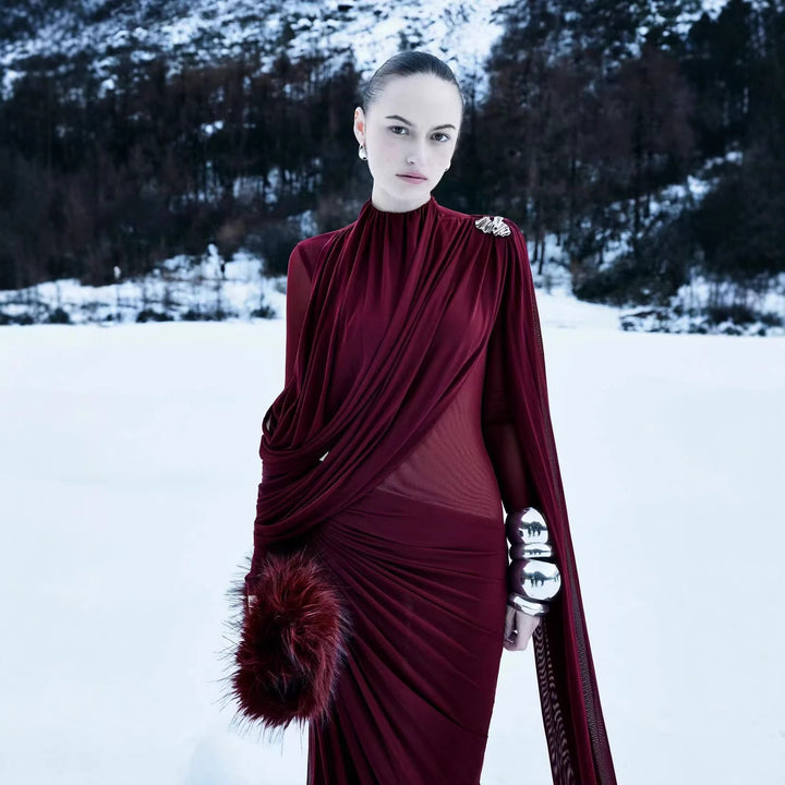 Red high neck pleated metal decorative cape dress