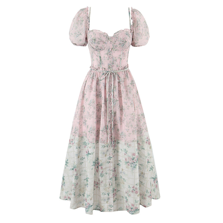 Splicing floral bubble sleeves mid length dress