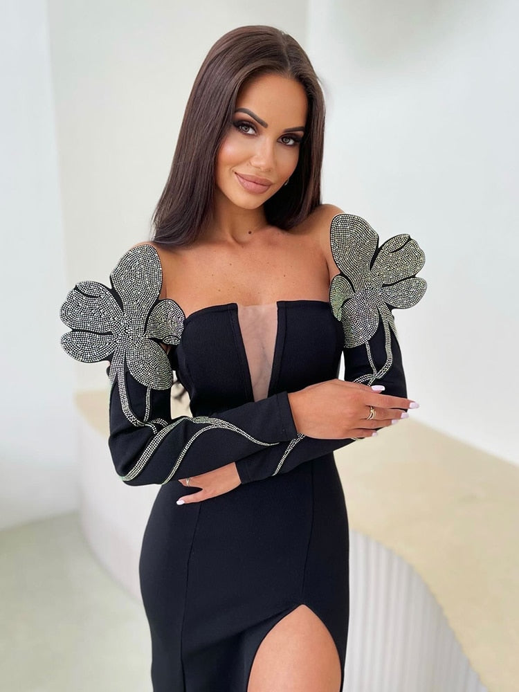 Trendy Beads Appliques Design Bandage Long Dress Women Sexy Off Shoulder Celebrity Party Club Dress