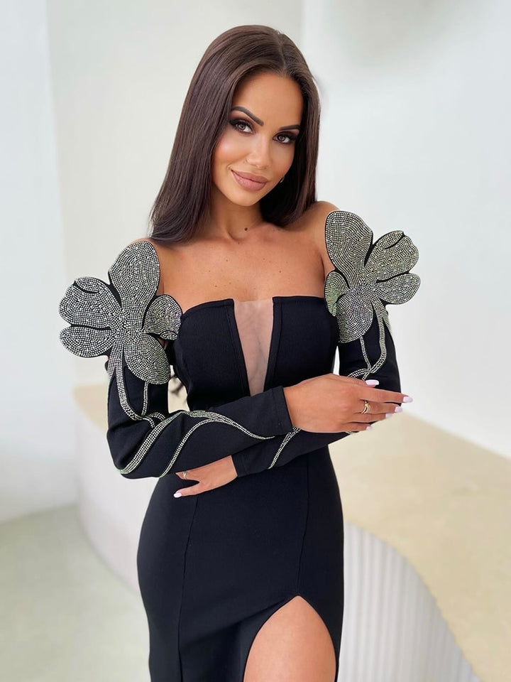 Trendy Beads Appliques Design Bandage Long Dress Women Sexy Off Shoulder Celebrity Party Club Dress