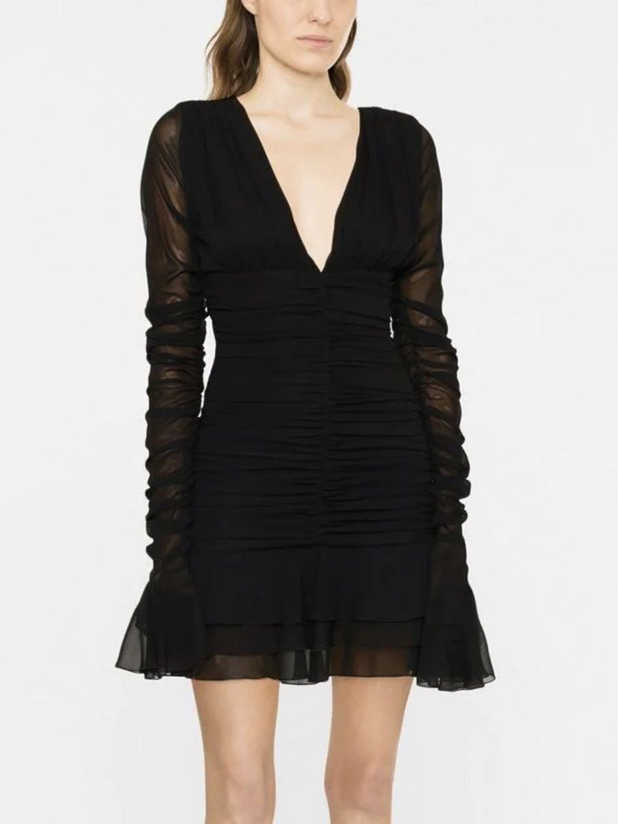 French Temperament Style Handmade Pleated Skirt Autumn New Sexy V-Neck Long Sleeve Dress