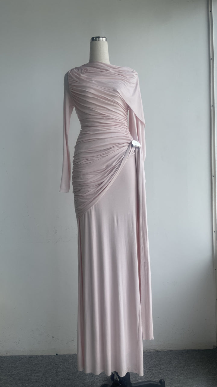 Solid color pleated asymmetrical minimalist slim fit dress