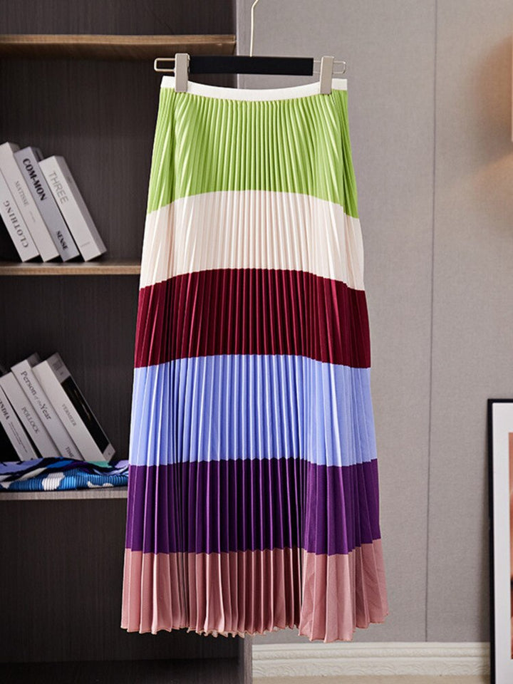 Pleated 2 Pieces Set For Women Spring New Color Block Half High Collar Tops And Elastic Waist Skirts Female