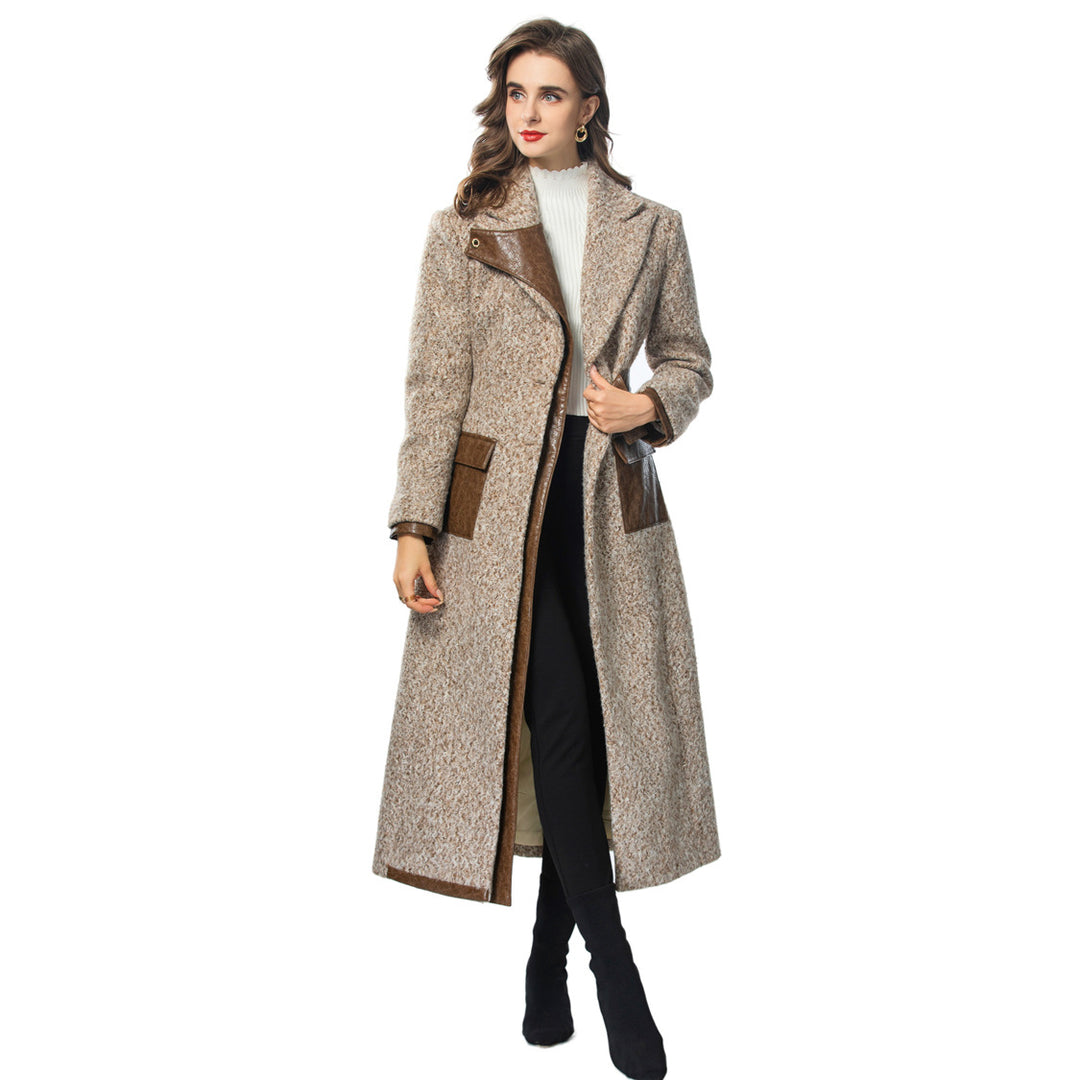 Retro lapel fur roll PU splicing single breasted long women&