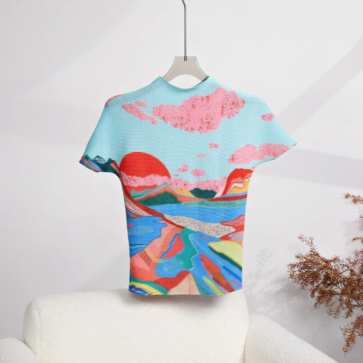 Summer High End Fashion Versatile Short Sleeve T-shirt New Print Pleated Top+Long Pleated Half Skirt Ins Fashion