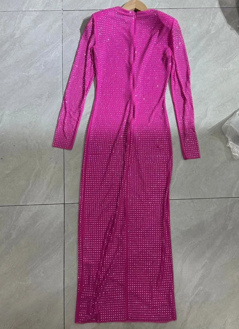 Green Sequined Beaded Party Dress Women Blingbling Bodycon Long Sleeve Long Dress