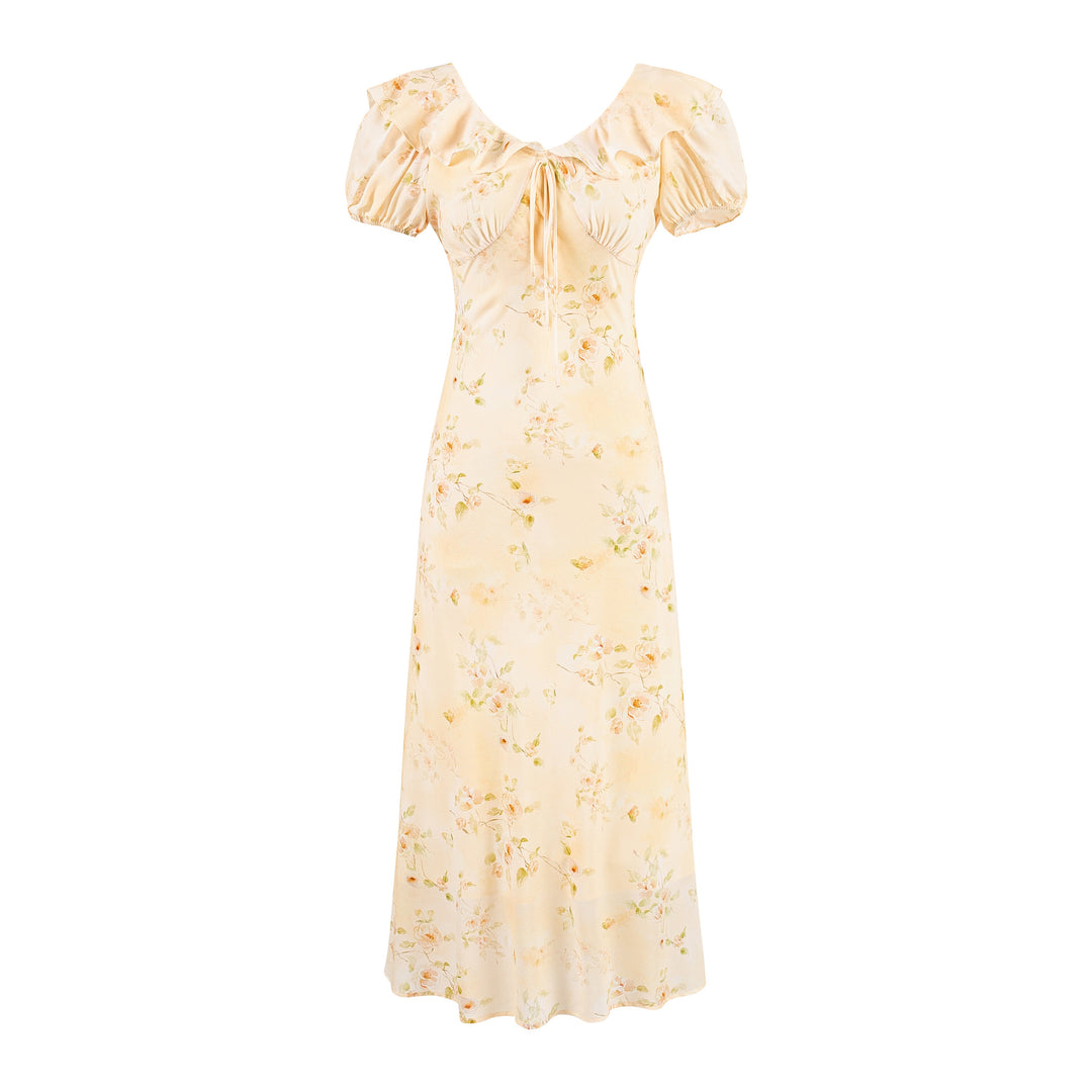 Sexy V-neck Front Tie Floral Backless Design Waist-cinching Long Dress