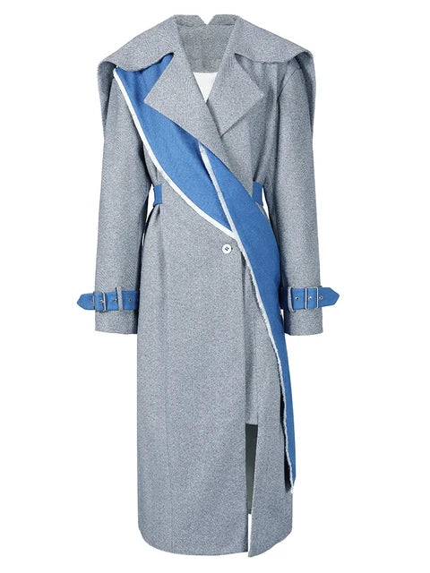 Gray Irregular Color-block Burr Big Size Woolen Coat Parkas New Long Sleeve Women Fashion Autumn Winter