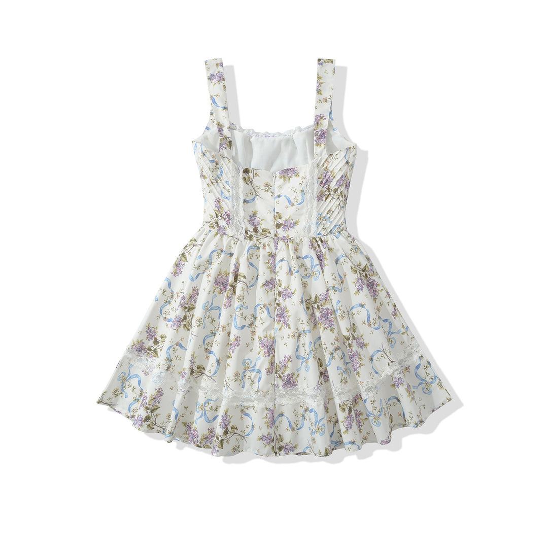 Square collar printed waist cinching short dress for women
