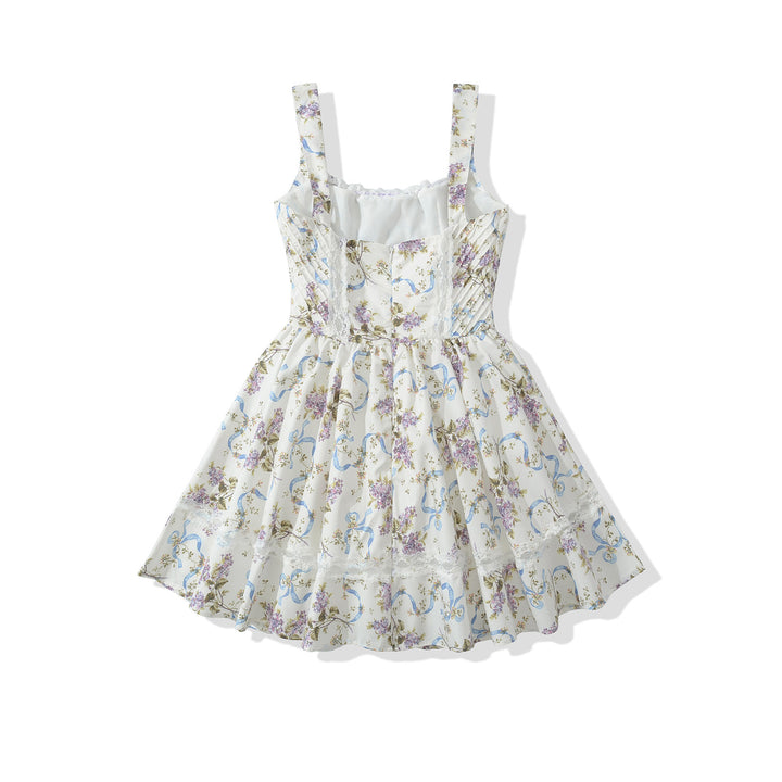 Square collar printed waist cinching short dress for women