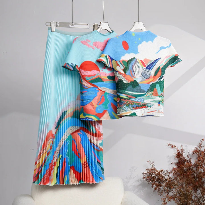 Summer High End Fashion Versatile Short Sleeve T-shirt New Print Pleated Top+Long Pleated Half Skirt Ins Fashion