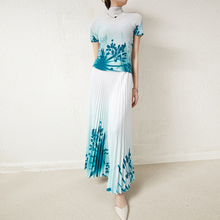 New Pleated d Skirt Fashion Two-Piece SetTop Printe