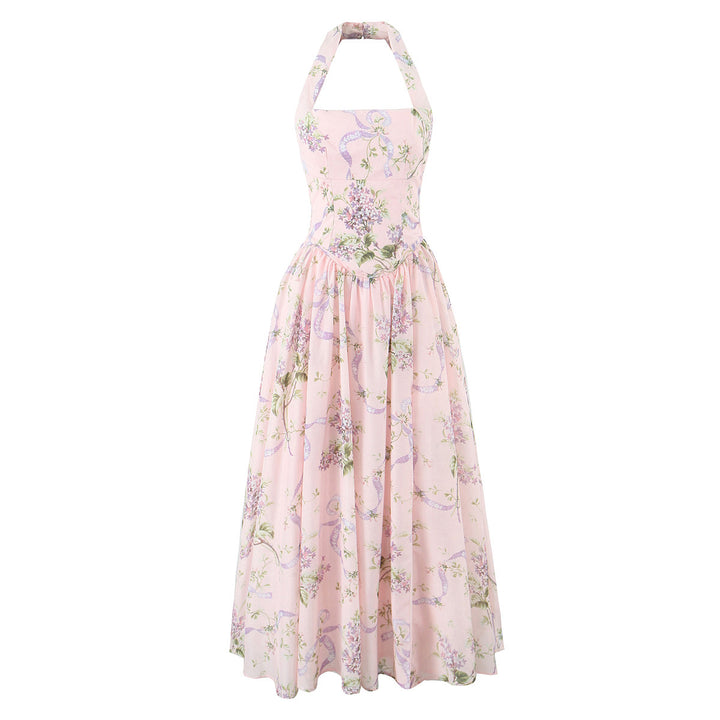 Floral hanging neck exposed back strap split suspender dress