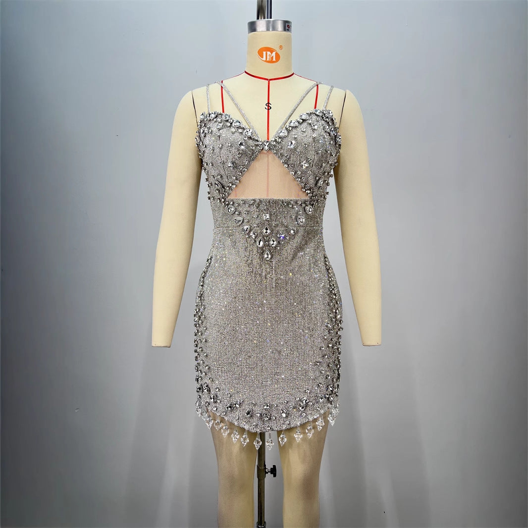 Fashionable Backless Strapless Fitted Mesh Beaded Casual Mini Bodycon Dress for Women