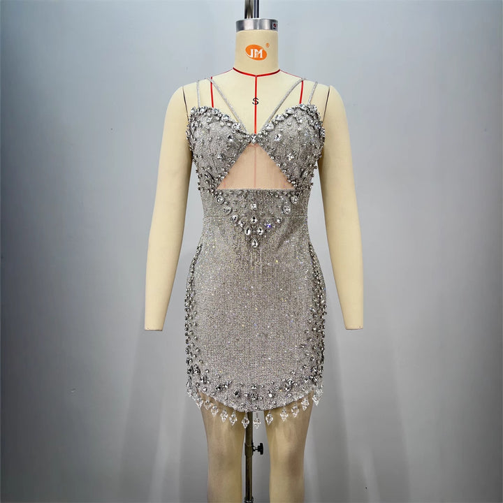 Fashionable Backless Strapless Fitted Mesh Beaded Casual Mini Bodycon Dress for Women
