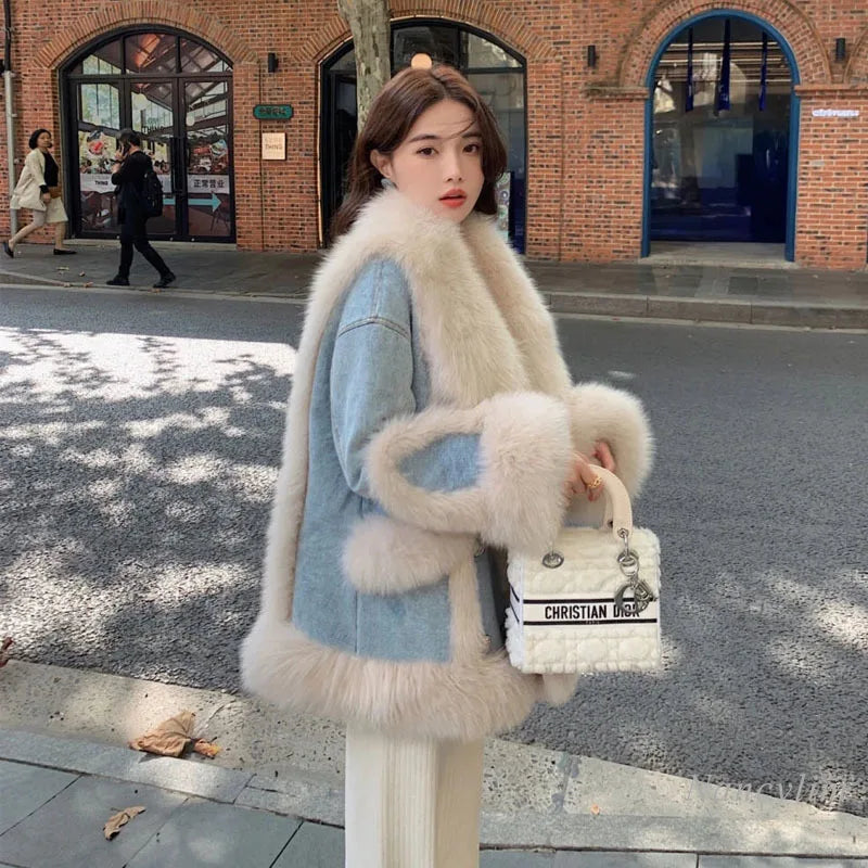 Denim Fur Splicing Coat Women&