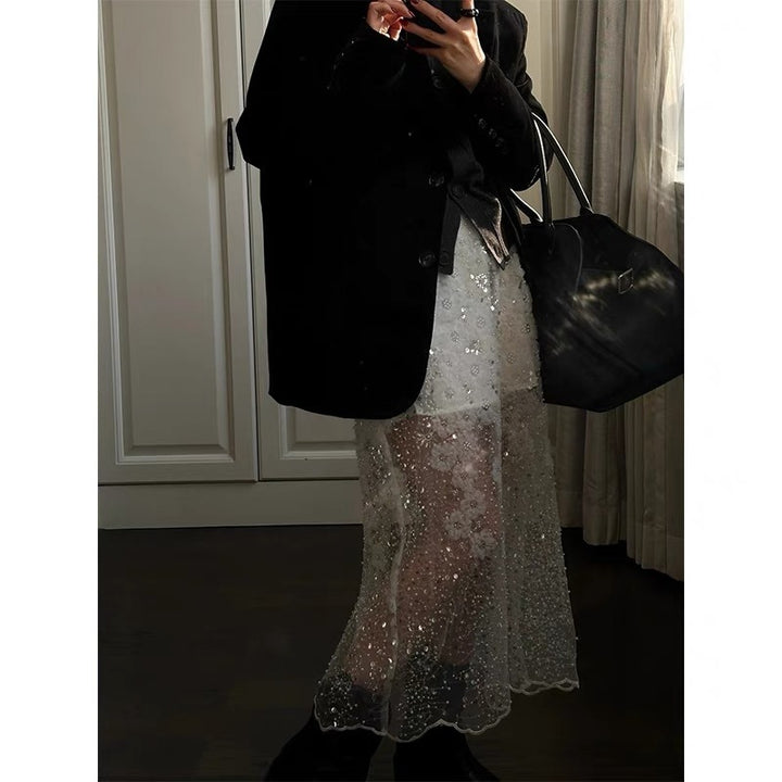 Fashionable and westernized heavy industry half skirt, versatile floral gauze skirt